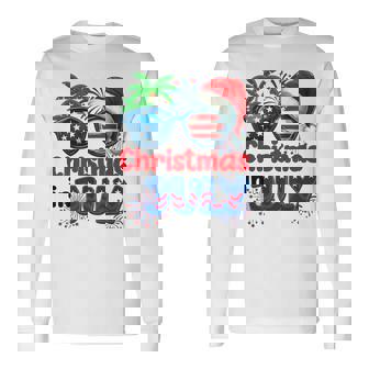 Christmas In July Summer Beach Hawaii Santa Usa Flag Mens Long Sleeve T-Shirt | Mazezy