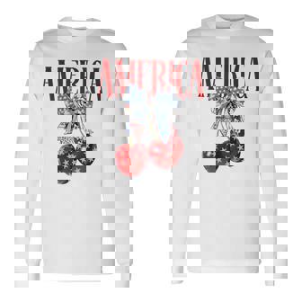 Coquette Bow America Cherry Us Flag 4Th Of July Patriotic Long Sleeve T-Shirt - Monsterry