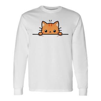 Cute Orange Kitty Cat Peeking Over At You Ginger Cat Lover Long Sleeve T-Shirt - Thegiftio UK