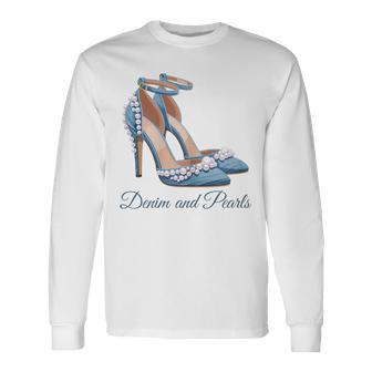 Denim And Pearls Glam High Heels Fashion Statement Long Sleeve T-Shirt - Thegiftio UK