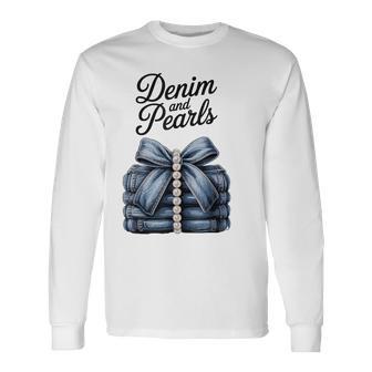 Fashion Style Outfit Glam Denim Pearls Jeans Blue Chic Trend Long Sleeve T-Shirt - Thegiftio UK
