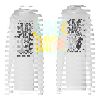 Game Day Football Season Retro Green Gold Checker Touchdown Long Sleeve T-Shirt - Thegiftio