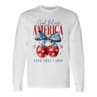 God Bless America Cherry Coquette Bow Independce Day Long Sleeve T-Shirt - Thegiftio UK