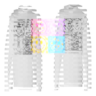 Happy Face Smile Checkered Pattern Retro Vibes Trendy Long Sleeve T-Shirt - Monsterry