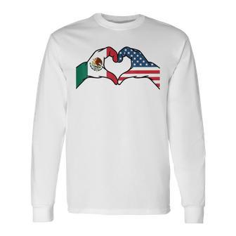 Mexican American Flag Print Heart Hands Love Mexico Usa Long Sleeve T-Shirt - Thegiftio UK