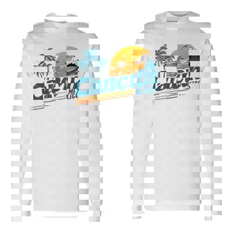 Retro Cancun Mexico Sunset Palm Tree Beach Summer Vacation Long Sleeve T-Shirt - Monsterry