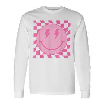 Retro Happy Face Pink Checkered Pattern Smile Face Trendy Long Sleeve T-Shirt - Thegiftio UK