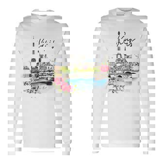 Vibrant Paris France Watercolor Souvenir Long Sleeve T-Shirt - Monsterry