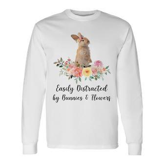 うさぎと花に気が散りやすい ウサギ かわいいウサギ 長袖Tシャツ - Kawaiitshirt