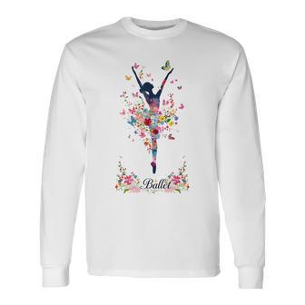 かわいい花柄バレリーナ 春の花 バレエダンサー 長袖Tシャツ - Kawaiitshirt
