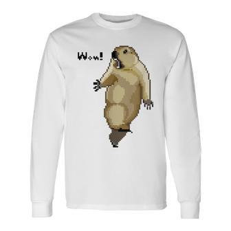 アニマルプリント 驚いたマーモット ドット絵 ピクセルアート 面白い 動物 ミーム 長袖Tシャツ - Kawaiitshirt