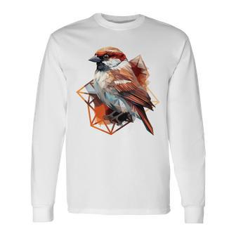 アメリカンツリー スズメ 鳥 幾何学模様 パッテンアート かわいい鳥 ロー 長袖Tシャツ - Kawaiitshirt