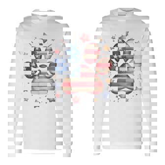 アメリカ国旗 愛国的な犬と猫の足跡プリント 7月4日 犬 長袖Tシャツ - Kawaiitshirt