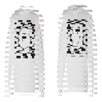 イエロー スマイル フェイスシャツ かわいい チェック柄 スマイル ハッピー 長袖Tシャツ - Kawaiitshirt