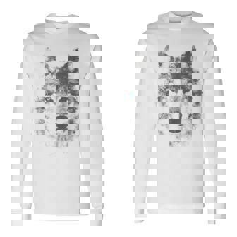オオカミの顔 青い目 美的スマッジアートスタイル 野生動物 長袖Tシャツ - Kawaiitshirt