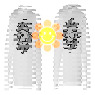オレンジ イエロー ハッピー スマイル スマイル フェイス デイジー フラワーガール 長袖Tシャツ - Kawaiitshirt