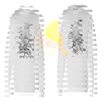 カナリアの鳥好き、ピンクの花のかわいい鳥、自然。 長袖Tシャツ - Kawaiitshirt