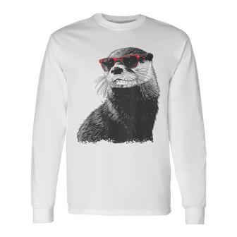 カワウソ アニマル柄 動物園 図面 イラスト 顔 カワウソ 長袖Tシャツ - Kawaiitshirt