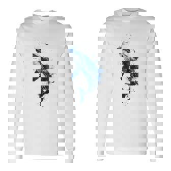 クジラ 水彩 海洋 動物 海の生物 青くじら デザイン 長袖Tシャツ - Kawaiitshirt