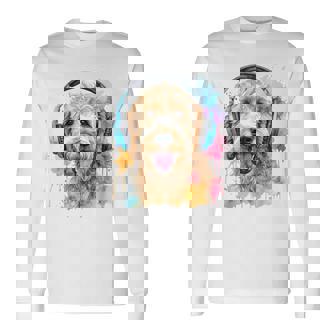 ゴールデンドゥードル、ヘッドフォン、犬、動物プリント 長袖Tシャツ - Kawaiitshirt