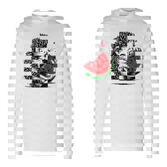 スイカの誕生日を食べるキュートで愛らしいハリネズミ 長袖Tシャツ - Kawaiitshirt