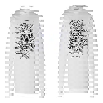 スカルと花の伝統的なタトゥースタイル 長袖Tシャツ - Kawaiitshirt