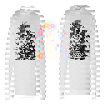 スケルトン ハグ 猫 シュガー スカル Día Los Muertos ハロウィン 長袖Tシャツ - Kawaiitshirt