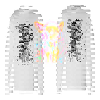 チワワの恋人 ポップアート ヘッドフォンを着て おもしろい チワワ 長袖tシャツ 長袖Tシャツ - Kawaiitshirt