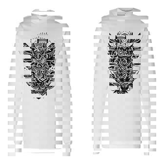 トライバル グレートフクロウ トーテム タトゥー 幾何学模様 長袖Tシャツ - Kawaiitshirt