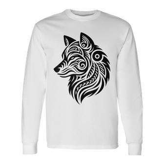 トライバルウルフ ポリネシア部族 マオリ柄 オオカミ 長袖Tシャツ - Kawaiitshirt