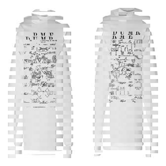 ドラムセットキット ヴィンテージ パテントドラマー ドローイングプリント 長袖Tシャツ - Kawaiitshirt