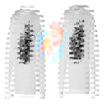 ニワトリ 動物 絵画 グラフィック 抽象 カラフル チキン 長袖Tシャツ - Kawaiitshirt