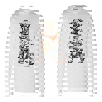パグ いぬ イラスト パグ好き 犬好き 自転車 かわいい おもしろ レトロ かっこいい 長袖Tシャツ - Kawaiitshirt
