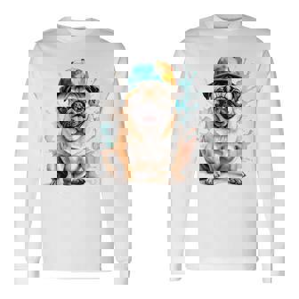 パグ、スナップバック キャップ、犬、カラフル、面白い、動物プリント 長袖Tシャツ - Kawaiitshirt