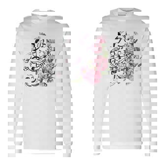 ピアノの鍵盤、音符、花 長袖Tシャツ - Kawaiitshirt