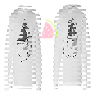 ポケットに入ったスイカのポケットプリントの面白いスイカ。 長袖Tシャツ - Kawaiitshirt