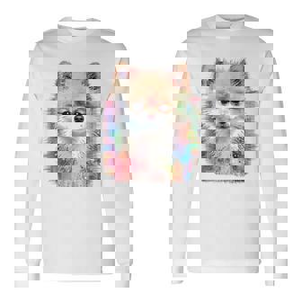ポメラニアン 抽象画 グラフィック 絵画 動物 ポメラニアン 長袖Tシャツ - Kawaiitshirt
