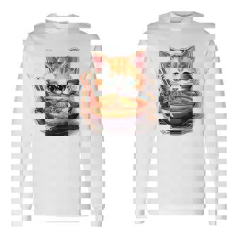 ラーメンを食べている子猫 長袖Tシャツ - Kawaiitshirt