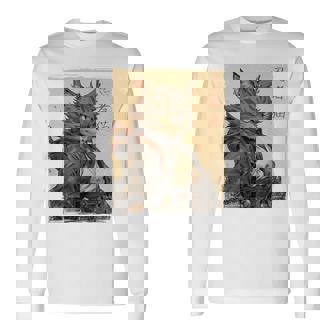 ヴィンテージ 日本の風景 侍 猫 漢字 Art Back 長袖Tシャツ - Kawaiitshirt