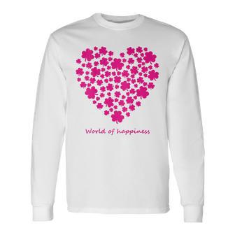 世界中の幸せを願う 可愛い ハート ピンク クローバー 反戦 平和 バックプリント 長袖Tシャツ - Kawaiitshirt