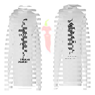 唐辛子 顔 イラスト かわいい おもしろ 面白い 簡単 シンプル ゆるい 野菜 長袖Tシャツ - Kawaiitshirt