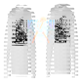 強風ピンナップガールとオールドアメ車のバックプリント 長袖Tシャツ - Kawaiitshirt