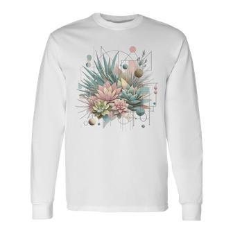 抽象的な幾何学的なボタニカルデザインモダンな植物 多肉植物 長袖Tシャツ - Kawaiitshirt