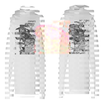 振り返る娘 見返り美人 日本美人 花街 浮世絵 桜 花 奇麗 赤 バックプリント 長袖Tシャツ - Kawaiitshirt