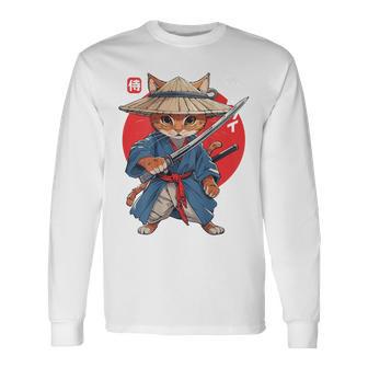 日本の侍 猫戦士 浮世侍 バックプリント 長袖Tシャツ - Kawaiitshirt