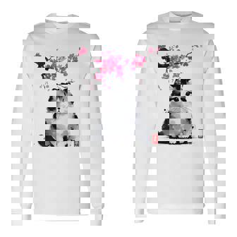 日本の墨絵マンチキン猫 桜 桜アート 長袖Tシャツ - Kawaiitshirt