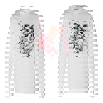 桜 水彩パピヨン 長袖Tシャツ - Kawaiitshirt