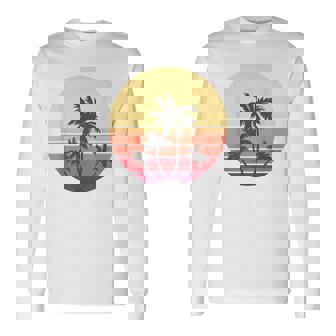 涼しい 夏休み メンズ レディース サンセット ビーチ ヤシの木 長袖Tシャツ - Kawaiitshirt