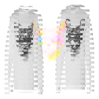 猫 動物 抽象 モチーフ サングラス イラスト アート ネコ 長袖Tシャツ - Kawaiitshirt