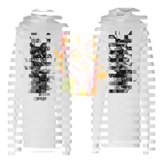 猫 抽象的 かわいい アート ポートレート 動物 恋人 グラフィック 猫 長袖Tシャツ - Kawaiitshirt